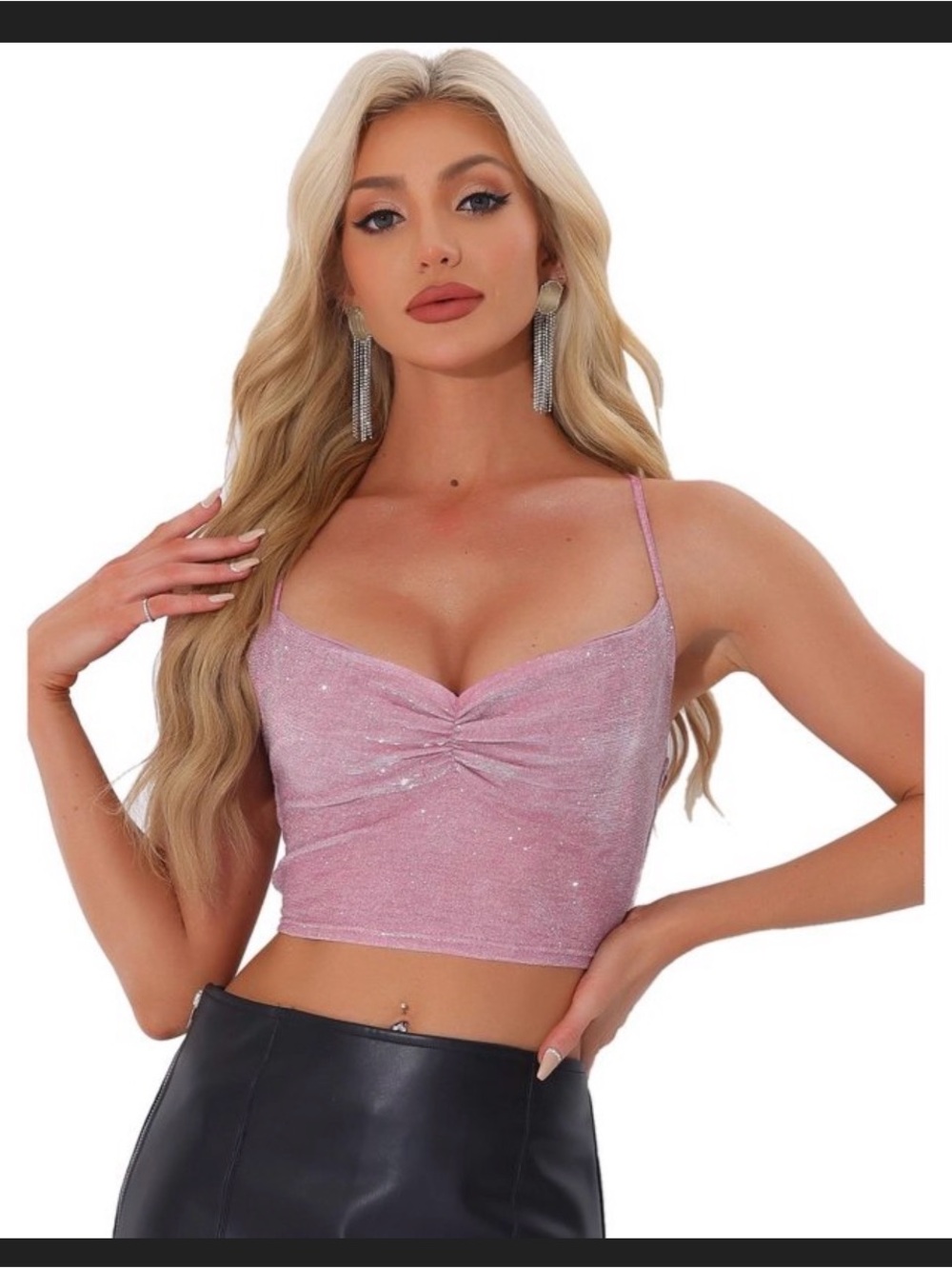 Allegra K Shimmery Light Pink Ruched Crop Camisole